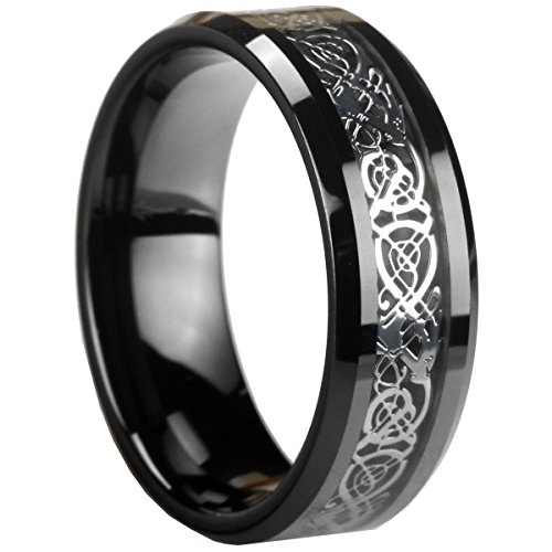 GESTALT COUTURE Black Ceramic Ring with Silver Dragon Inlay. 8mm Width. Comfort Fit.