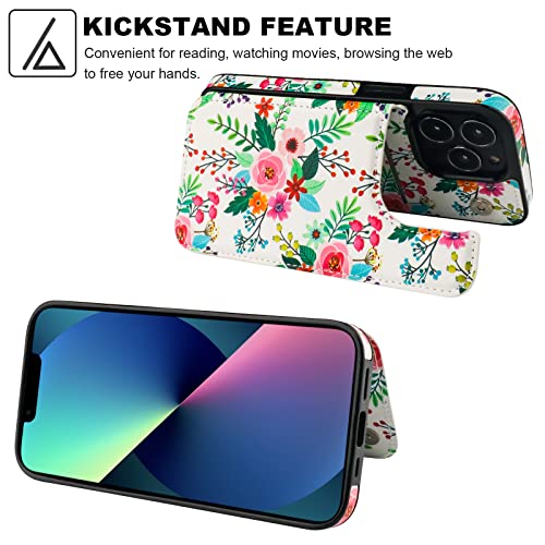 Image of HAOPINSH for iPhone 13 Pro Case Wallet with Card Holder, Colorful Florals Pattern Back Flip Folio PU Leather Kickstand Card Slots Case for Women Girls, Double Magnetic Clasp Shockproof Cover 6.1 inch