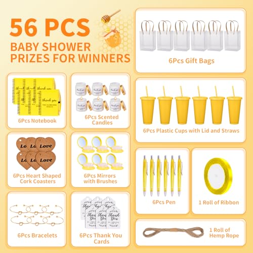 50Pcs Baby Shower Prizes for Game Winners Baby Shower Favors Gifts including Plastic Tumbler Notebook Scented Candles Ballpoint Pen Mirrors with Hair Brushes Bracelet Gift Bag (Yellow)