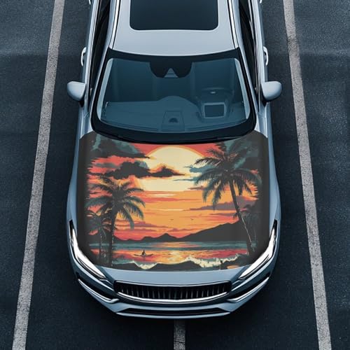 Image of Car Hood Cover Protector,Waterproof Snowproof Print Hood Covers for Cars,Universal Accessories for Decoration Coconut Tree Pattern Design
