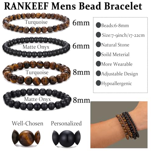 RANKEEF Mens Bead Bracelet Set - Adjustable Elastic Rope With 6&8MM Natural Stone Multi-Colored Beads - Tiger Eye Bracelets for Men - Gift3