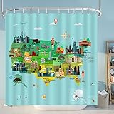 Mokonate American Map Shower Curtain United States Cities Map with State Landmark Kids Cartoon Fun Facts Geography USA Map Fabric Waterproof Shower Curtain for Bathroom Decor 72''×72''
