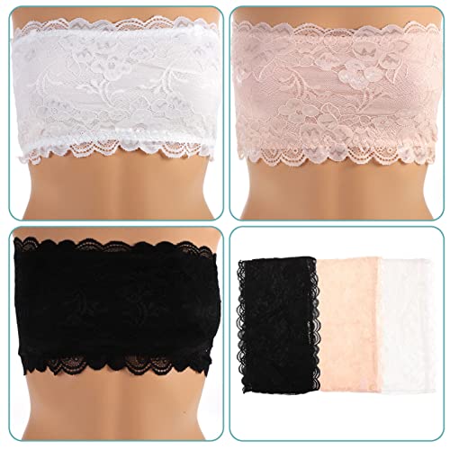 Gatuida 3PCS Strapless Bandeau Bra, Womens Bandeau Bra Non Padded Floral Lace Wireless Strapless Bra Stretchy Tube Lace Chest Tube Tops for Women4