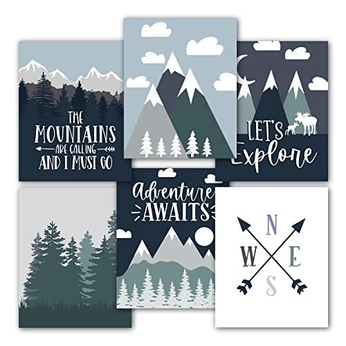 Image of Hadley Designs 6 Reversible 8x10 Adventure Awaits Wall Decor Prints Sign, Mountain Nursery Decor, Adventure Baby Shower Decorations, Adventure Awaits Baby Shower, Boy Nursery Wall Decor