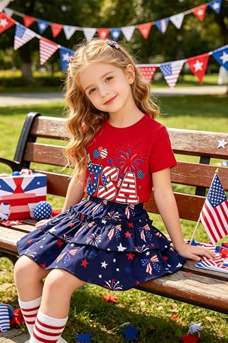 Image of Little Girls Skirt Set - 2 Piece Short Sleeve Top Shirred Tiered Skirt Outfit Girls Spring Summer Clothes 3-8 Years