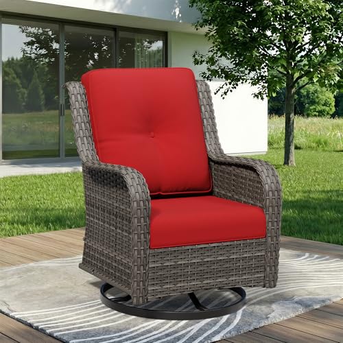 Image of Outdoor Swivel Rocker Patio Chair - Outdoor Wicker Patio Furniture with Thickened Olefin Cushions, High Back and Deep Seating, Hand-Woven PE Rattan for Porch, Deck, Balcony, Red