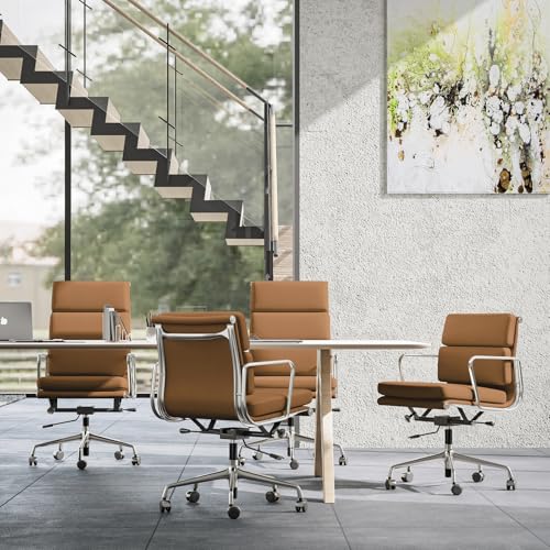 Image of Genuine Leather Office Chair, Padded Executive Desk Chair with Arms, Wheels, Lumbar Support, Aluminum Base (Light Brown, High-Back)