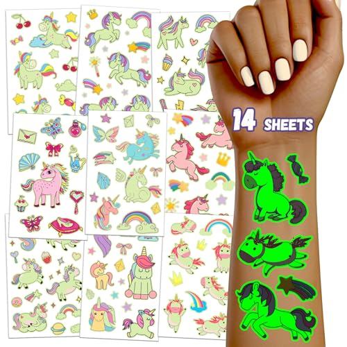 TatoYard Regalos Cumpleaños Niños Colegio, 14 Hojas Tatuajes Luminosos Niños Niñas, Piñata Cumpleaños Infantil, Festa Aniversário Detalle Cumpleaños Infantil(Unicornio)