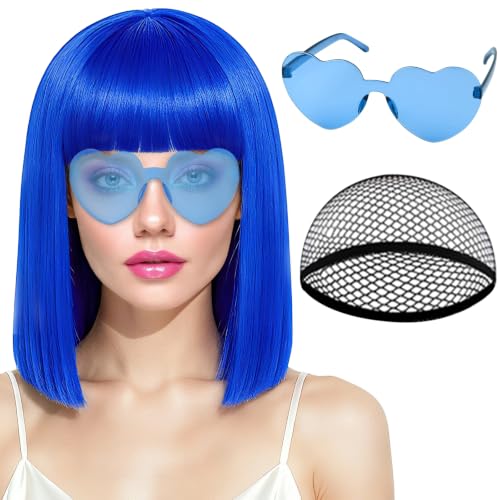 Image of PLULON Blue Bob Wig with Bangs, Short Straight Bob Wig with Heart Sunglasses 12 Inch Shoulder Length Heat Resistant Synthetic Hair for Women Natural Look Daily Use Cosplay Halloween Costume Party