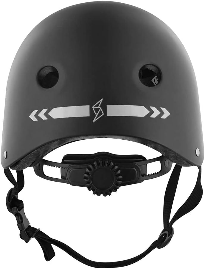 પાછળ view of the T'nB Urban Moov helmet, black, showing the adjustable retention system with a dial and the rear ventilation holes.