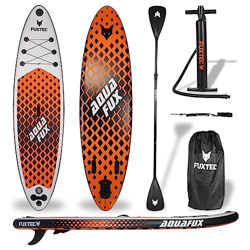 FUXTEC Aufblasbares SUP Board Set Orange – Stand Up Paddle Board 320 x 81 x 15 cm mit 3 Finnen – Touring-Board belastbar bis 150kg – inkl. Packsack