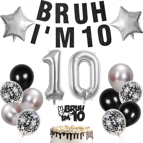 10th Birthday Decorations for Boys Black Glitter Banner and Cake Topper 32 inch Silver Number Balloons 1 and 0 and Black Silver Confetti Latex Balloons for 10th Birthday Party Supplies