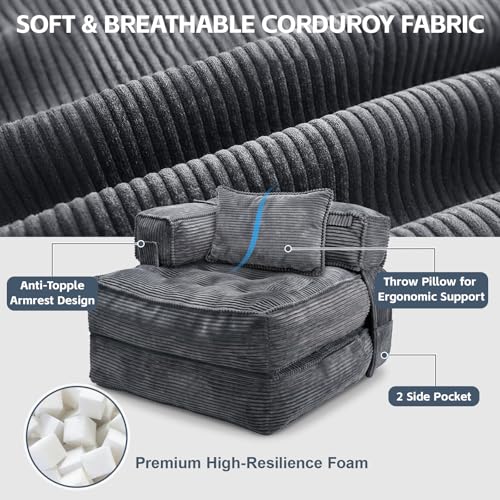 Image of Folding Sofa Bed Chair with Armrests, Convertible Futon Couch Sleeper Chair for Adults, Fold Out Boneless Chair Bed, Foldable Sofa Lounge for Small Spaces, with Pillow, Dark Grey