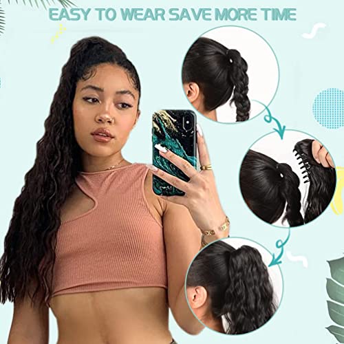 Wavy Ponytail Extension Claw Clip, 22 Inch Corn Wave Pony Tail Synthetic Brown Mixed Blonde Hair, Long Curly Jaw Ponytail Hair Extainson For Women Girls (Dark Brown Mixed Auburn) #TOP5
