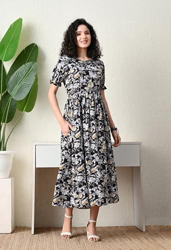 Image of Ichaa Women's Aqua Rayon Printed Maternity Dress with Feeding Zips and Pocket, in Plus Sizes