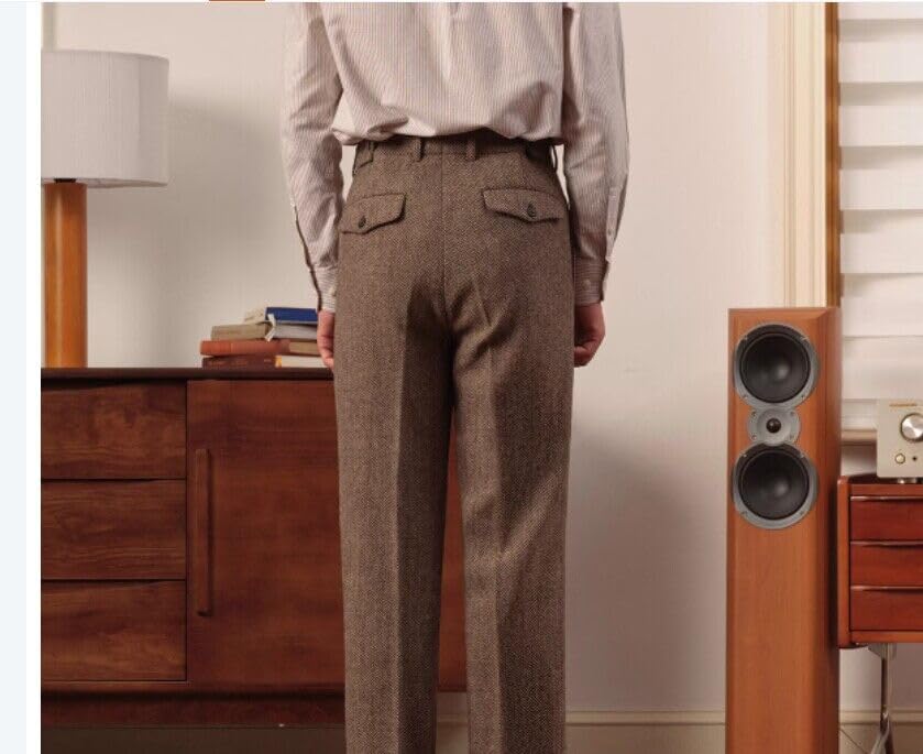 Retro Mens Tweed Suit Pants Herringbone Dress Pants Casual Regular Fit Wool Trousers3