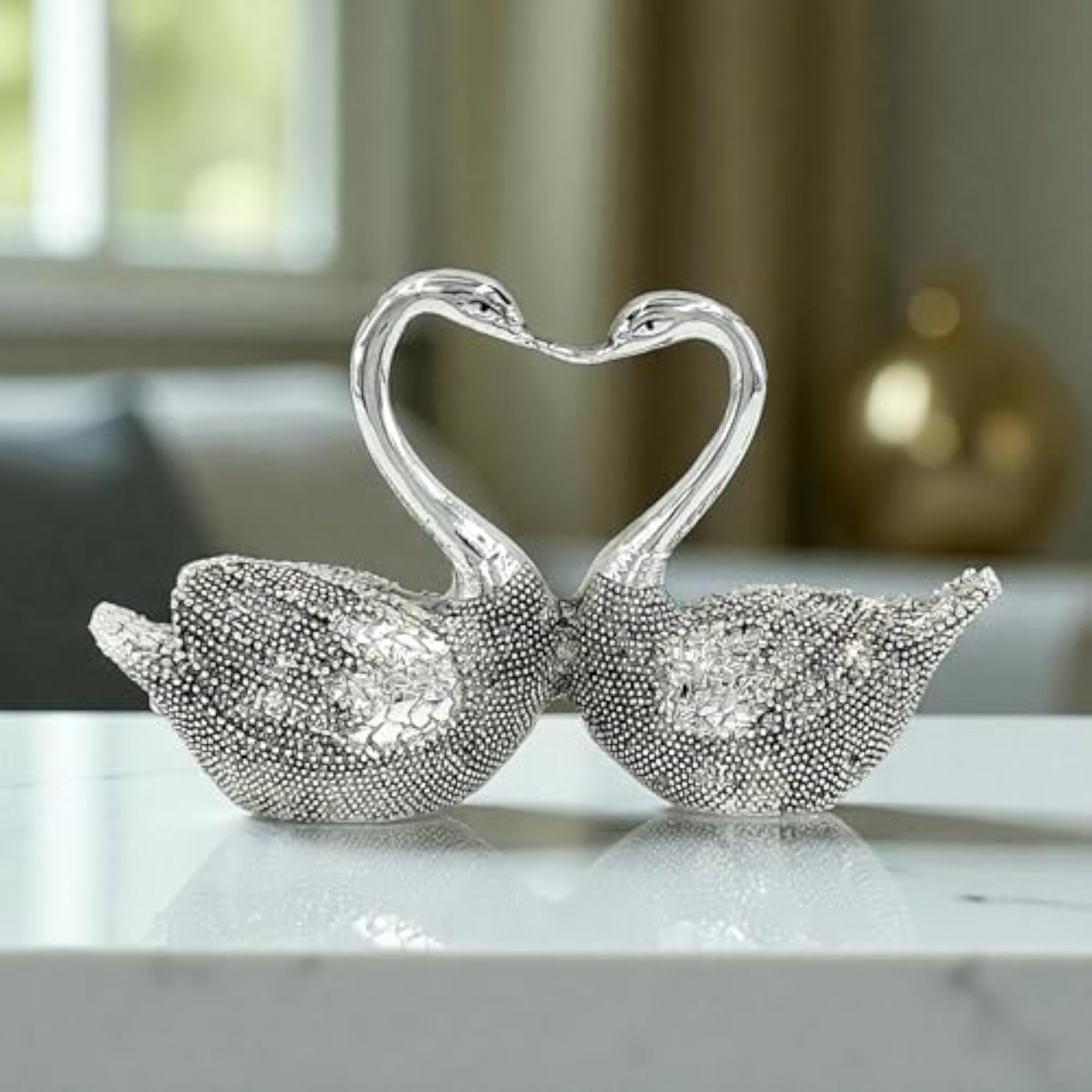 Silver Plated Swan Pair Romantic Couple Statue, Home Decor