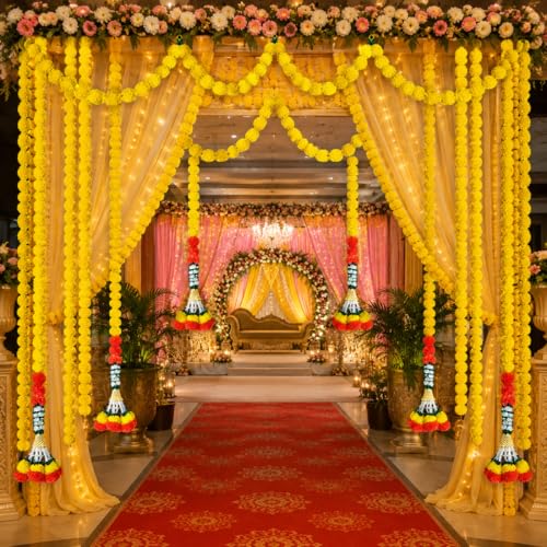Image of Tia Crafts Artificial Marigold Handmade Fluffy Flower Toran for Main Door Entrance Decoration with Jasmine & Bell for Home, Pooja Room, Festival, Diwali, Ganpati, Wedding Decor Yellow | Set of 2