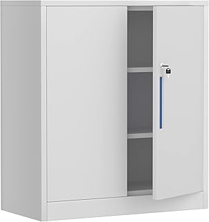 White Storage Cabinet with 2 Adjustable Shelves & Locking Doors, Lockable Metal Storage Cabinet, Great for Garage, Office,...