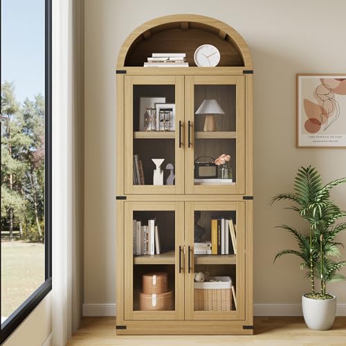 GarveeHome Arched Bookshelf with Doors Farmhouse Bookcase 15.83in Depth Display Storage Shelves 71.4in Tall Wooden Display Cabinet Rounded Bookcases for Living Room, Kitchen, Office (Light Oak)