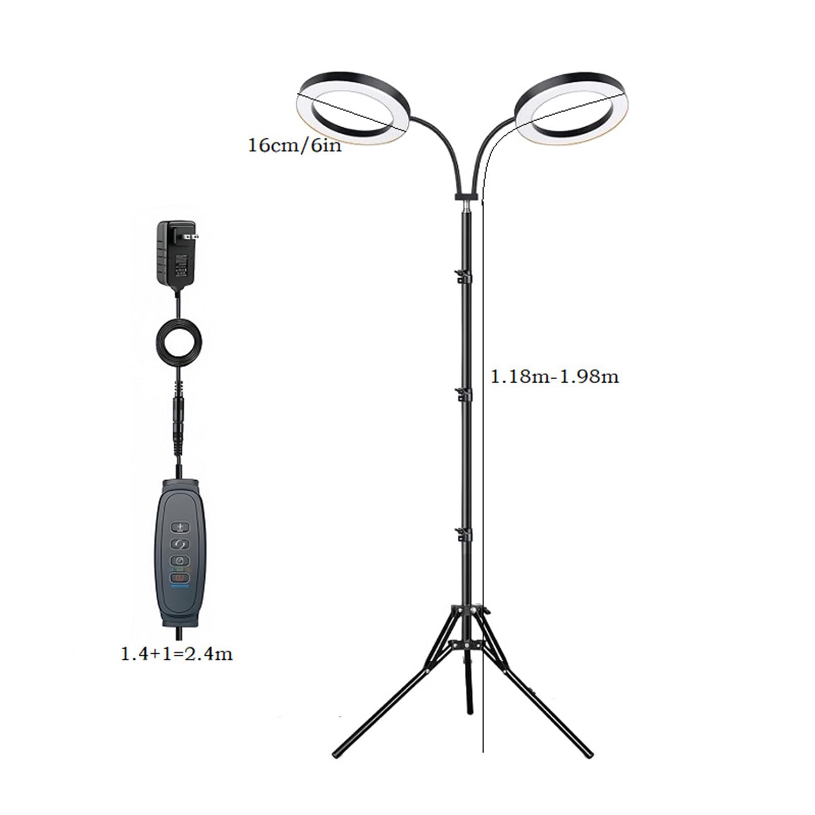 Fdit Lámpara de Cultivo LED de 72 Luces, Lámpara de Pie para Plantas de Interior, Espectro Completo, Altura Ajustable de 9 Pulgadas, (Enchufe de la UE 2 cabezales 20W Utilice adaptador 2A)