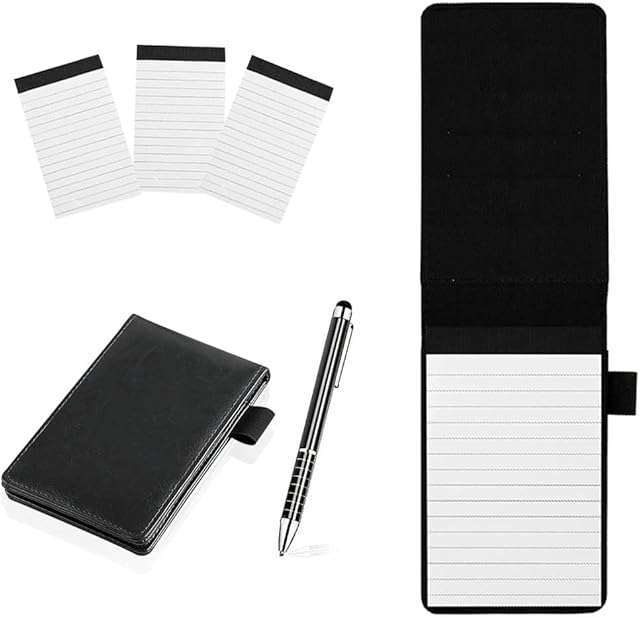 WACH AUF 5 Pcs Mini Pocket Notepad Set, PU Leather Small Notebook Pen Holder with 50 Lined Sheets, Pocket Notebook with Pen, Mini Notebook with 3 Pcs 30 Pages Notepad Memo Book Refills (Black)