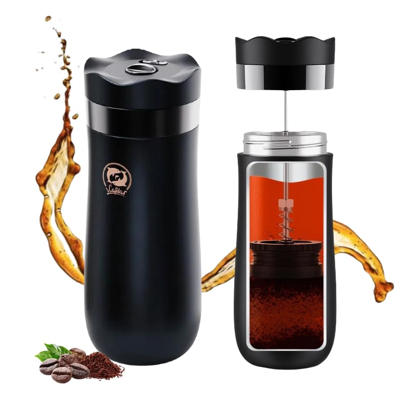 i Cafilas Stainless Steel Portable French Press 12oz Coffee Mug Travel French Press Coffee Maker for Camping and Travelling (Black-2306)