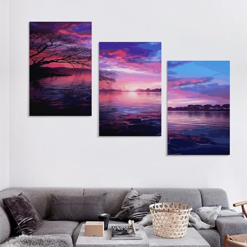 Peintures à thème coucher de soleil violet triptyque mural suspendu