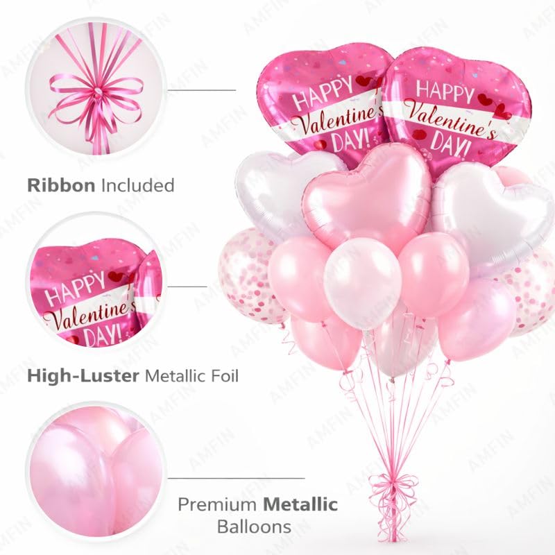 Image of AMFIN (Pack of 14) Happy Valentine's Day Balloon Decoration Set | Romantic Heart Foil Bouquet Metallic Helium Bunch Proposal Anniversary Celebration Party Decor - Pink White