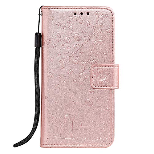 Samsung Galaxy A70e Case, 3D Shockproof PU Leather Embossed Floral Cat Flip Cover Notebook Wallet Cases with Magnetic Closure Stand Card Holder ID Slot Folio Soft TPU Bumper Protective Skin Rose Gold