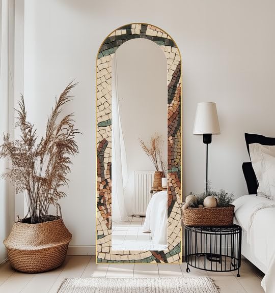 Specchio da pavimento con mosaico toscano da 63,5 x 160 cm (larghezza x altezza), specchio da pavimento rustico a mosaico ad arco con cornice nera e cornice dorata