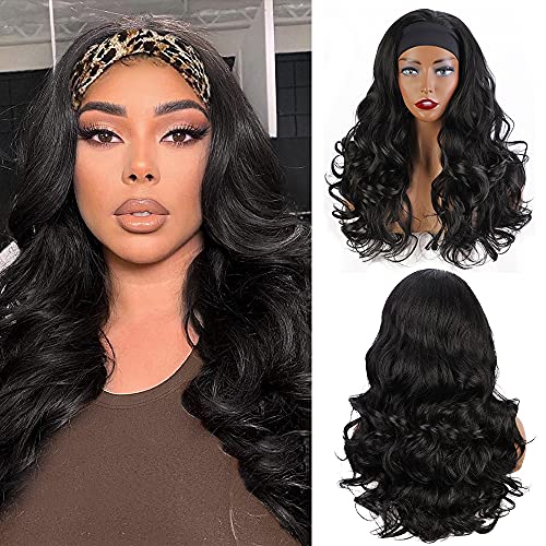 Long Wavy Headband Wig for Black Women Black Wavy Synthetic Headband Wigs High Density Glueless Wig with Headband 22 inches Natural Looking Wig for Daily Party