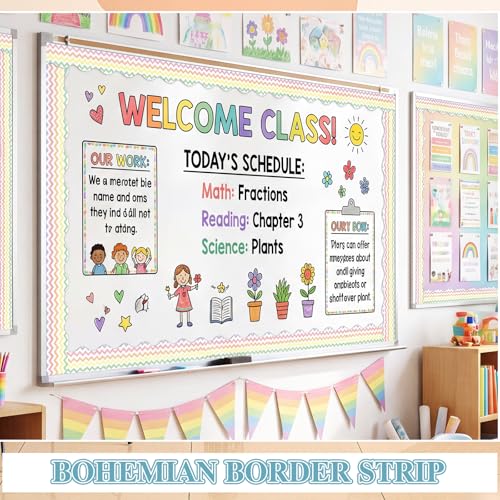 Tenceur 160ft Pastel Boho Bulletin Board Borders, 6 Rolls Line Dots Grid Scalloped Borders Trim, Pastel Classroom Decoration for Summer Back to School Office Chalkboard Whiteboard Poster - Image 4
