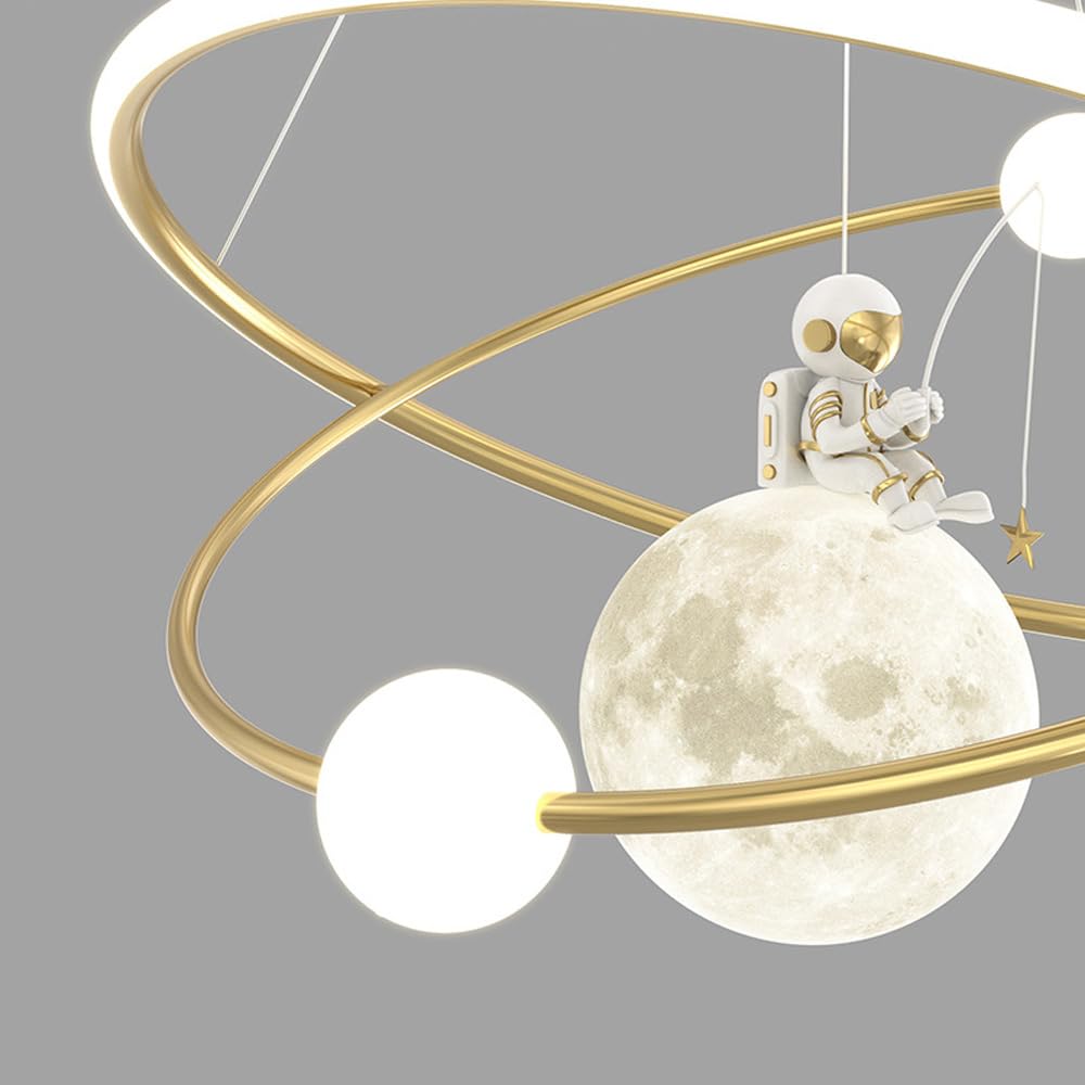 Kreatywna dekoracja domu Możliwość przyciemniania żyrandole LED dla dzieci dla chłopców dziewcząt sypialnie 3D księżyc astronauta lampa wisząca złote nowoczesne oprawy pierścieniowe okrągłe białe
