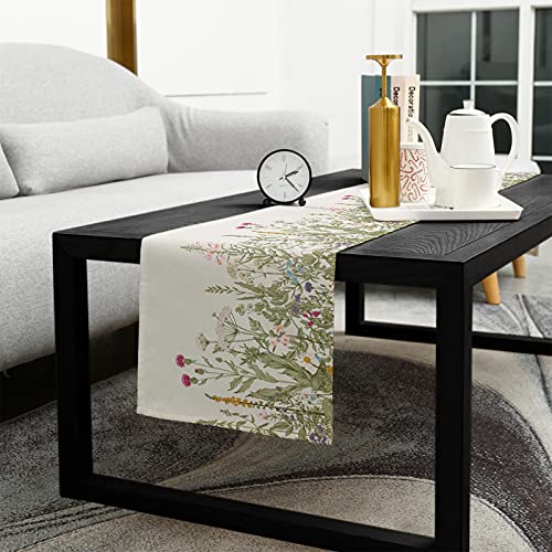 Edwiinsa Cotton Linen Table Runners 16 X 72Inch, Vintage Floral Border Herbs And Wild Flowers Botanical Non-Slip Table Top Decor Bed Runners For Kitchen/Farmhouse/Hotel, Rustic Backdrop 72Inches Long #TOP4