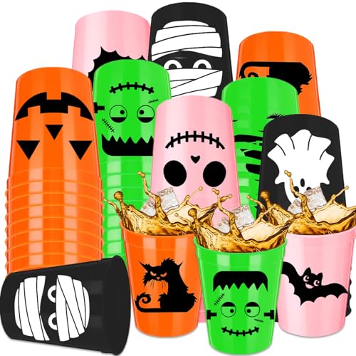 tmlfep 24 Pack Halloween Party Cups 12 oz Reusable Plastic Cups Funny Cartoon Expression Cups for Halloween Party Drinkware Supplies
