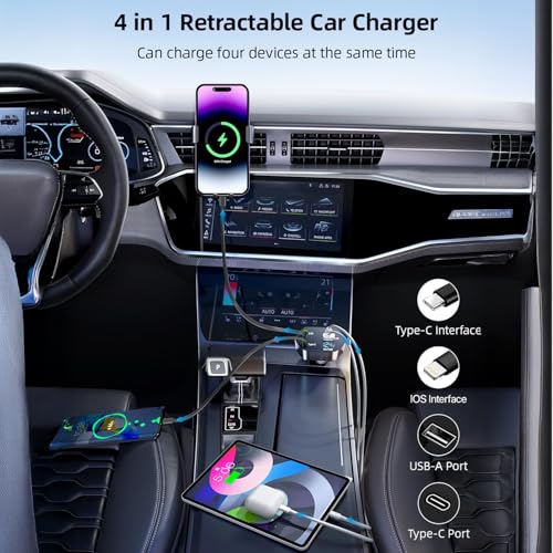 Image of BESTOR 120W 4-in-1 Retractable Car Charger with Dual Fast Charging Cables | USB-C + Lightning | 3A USB Port, 2.4A USB Port | LED Voltage Display | 12V /24V Universal Car Adapter