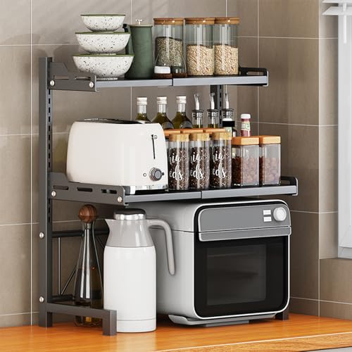 Image of Extendable Microwave Oven Rack, 3-Tier Adjustable Microwave Shelf with 8 Hooks, 14.2