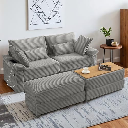 UMBFUN 75" Loveseat with Reversible Storage Ottoman, USB & Type-C