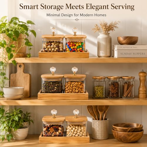 Image of 500ML Glass Storage Jar Set with Bamboo Tray & Airtight Bamboo Lid, Transparent Kitchen Containers for Dry Fruits, Snacks, Candy, Mukhwas & Tea Storage, Set of 2