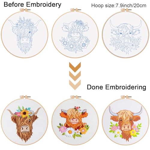 Image of Louise Maelys 3 Sets Embroidery Kits for Beginners,Cross Stitch Kit for Adults,Starters DIY Needlepoint Including Hoop -Highland Cow and Florals Pattern