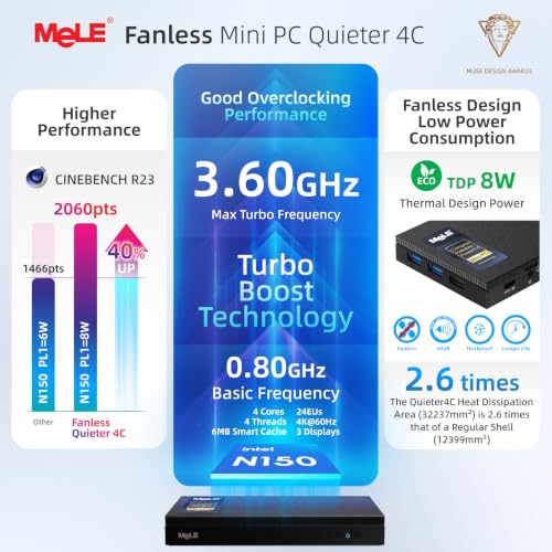 Image of MeLE Quieter 4C N150 Fanless Mini PC 32GB RAM LPDDR5 1TB NVMe SSD | Dual HDMI+USB-C 4K Triple Display|WiFi 5 BT5.1|0dB Silent|Auto Power On WoL|VESA Mount|Industrial Business Astrophotography