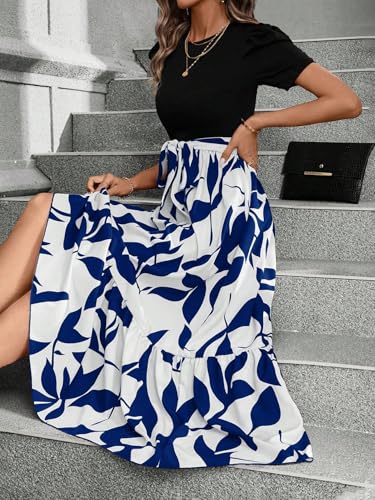 Image of PerZeal Women's Casual Summer Crewneck A Line Short Sleeve Print Flowy Boho Long Maxi Dress with Belt