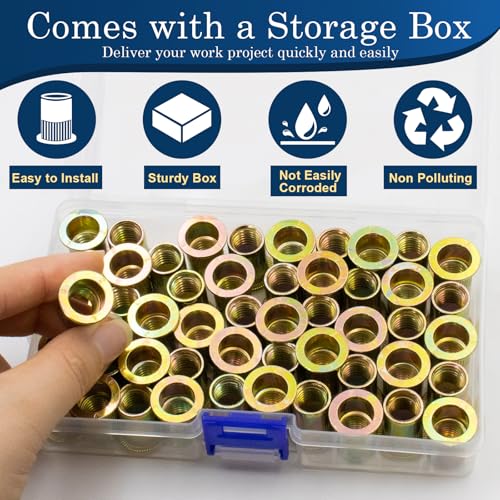 Image of 50Pcs M10 Rivet Nuts, Metric Zinc Plated Finish Carbon Steel Flat Head Threaded Insert Nutsert Kit