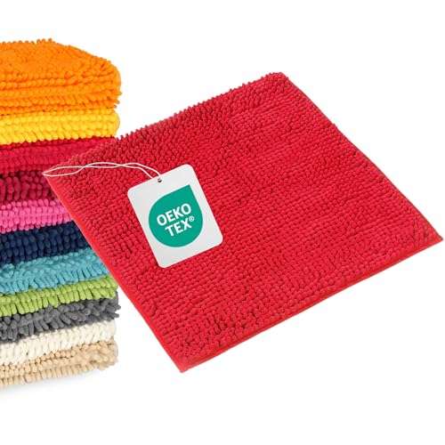 WohnDirect Tapis de Bain Rouge 45x45 cm – Antidérapant, Absorbant, Chenille Microfibre Ultra Douce – Confort Salle de Bain, Lavable Machine, Séchage Rapide