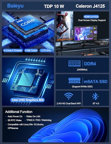 Image of Baieyu Fanless Industrial PC Celeron J4125, Fanless Mini PC Win 10 Pro or Linux Ubuntu Dual Band WiFi, HD+VGA, RJ45 LAN, 2xRS232 COM, 2xUSB 3.0, 16GB RAM DDR4 256GB SSD Mini PC VESA Mount