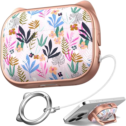 Image of for AirPods Pro 2 Case with Cleaning Kit, Cute Cat Ear Print Design & Cute Buckle for Girls, Phone Holder & Top Safe Lock Buckle Design for AirPods Pro 2nd /1st Gen case, Rose Gold Leaves