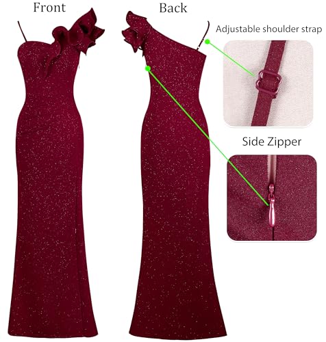 Image of VFSHOW Womens Ruffle One Shoulder Strap Ruched Formal Prom Wedding Maxi Dress V Neck Elegant Split Cocktail Evening Long Gown