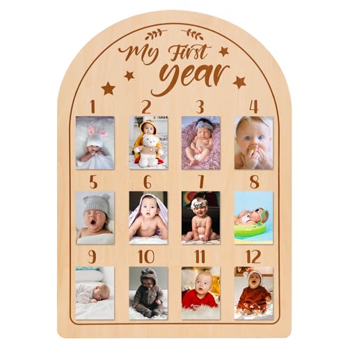PEUTIER Baby Picture Frame, My First Year Photo Display Wood Board Personalized 12 Months Newborn Picture Frames Baby Photo Display for Baby Birthday Nursery Decorations