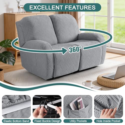 Image of Ruaozz Recliner Sofa Covers Recliner Chair Covers Loveseat Recliner Slipcovers with Pockets Washable Furniture Protector with Elastic Bottom (2 Seater, Light Grey)